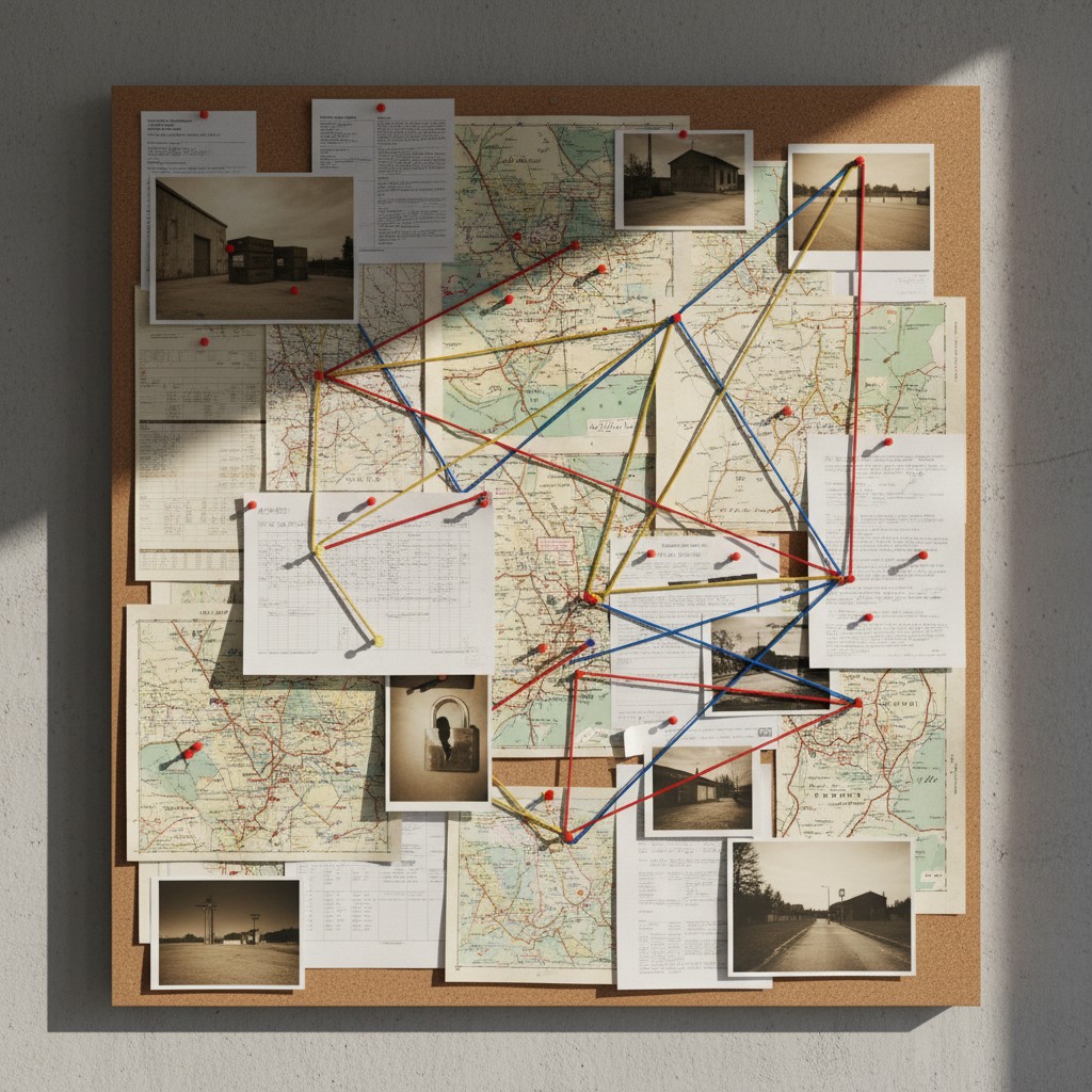 This is a photo of a corkboard displaying a criminal investigation "crime board" featuring maps with various locations mar...