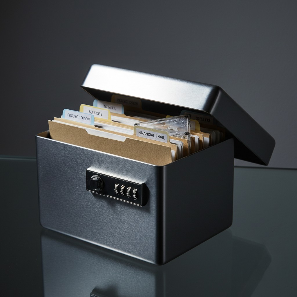 A metal file box with a combination lock, containing a folder labeled 'Financial Trail' and other labeled files. Describe ...
